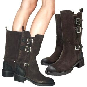 Zara Brown Combat Moto Suede Split Leather Buckled Calf High Ankle Boots